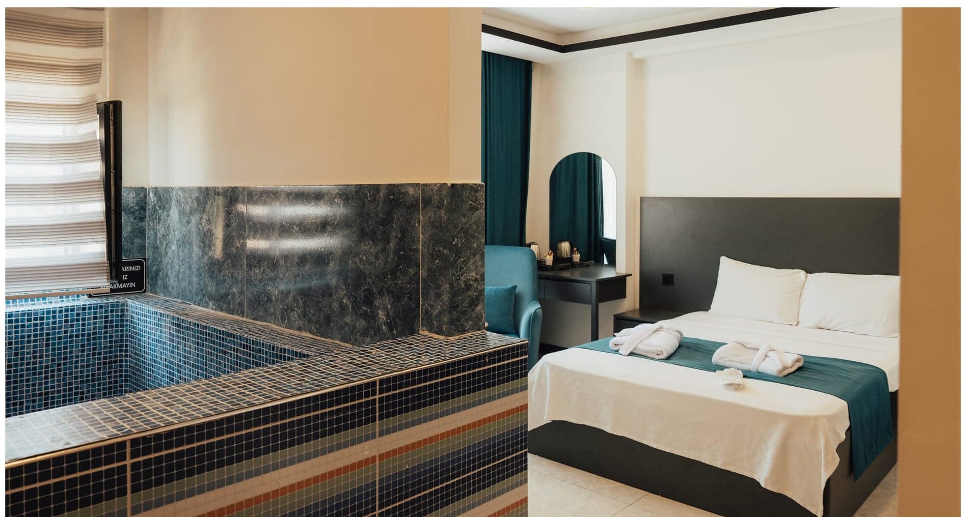 Efe Termal Deluxe Suit odası ve odanın içindeki özel termal havuz